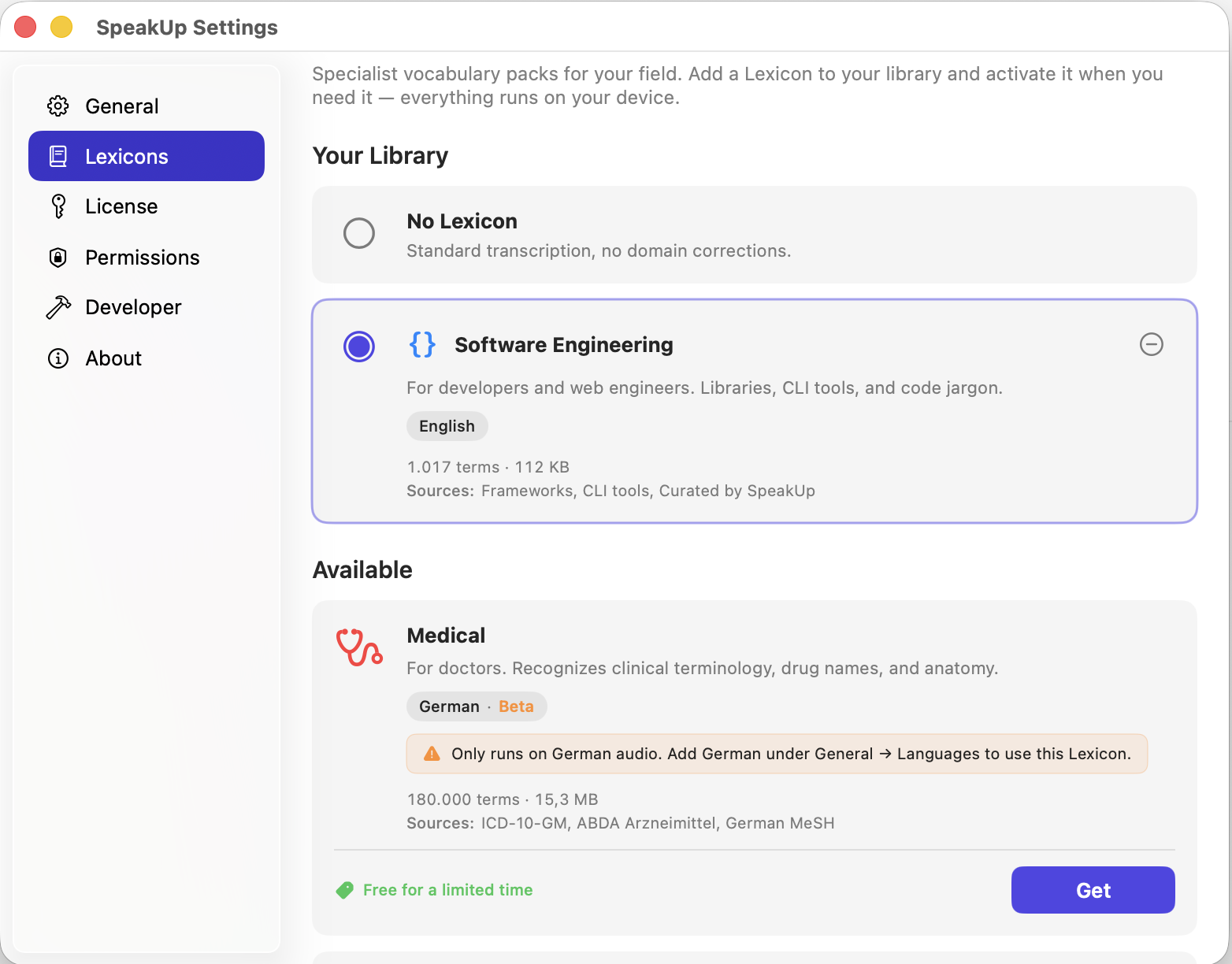 SpeakUp-Einstellungen → Lexika mit aktivem Software-Engineering-Paket — 1.017 handkuratierte Begriffe für KI-Tools, Frameworks, Cloud-Anbieter und CLI-Werkzeuge